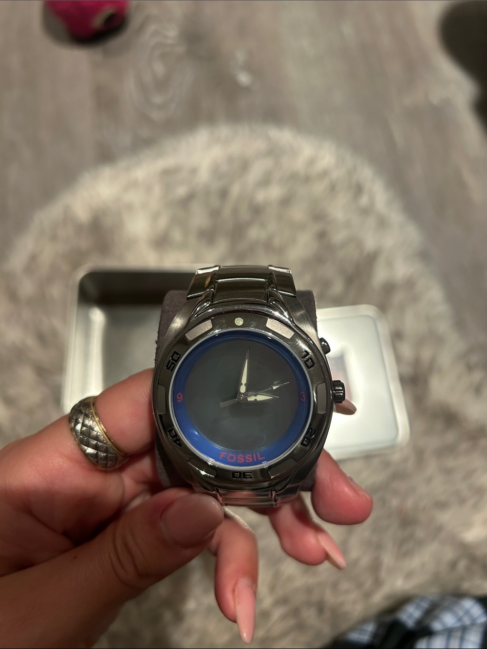 Fossil Silver Stainless Steel Watch with Blue Dial Ring Giants NFL collection